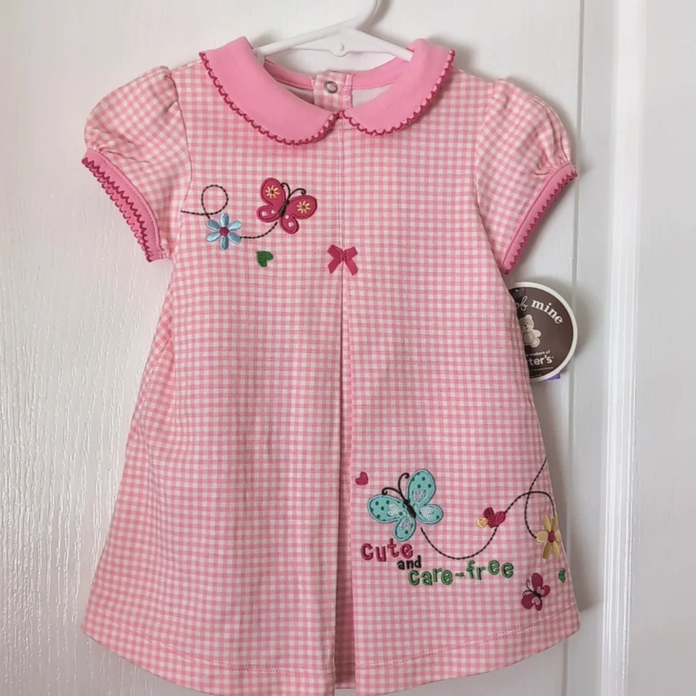 Carter's Pink/White Check 2 Pc Dress Set. Size 12 mos. Embroidered. Butterfly